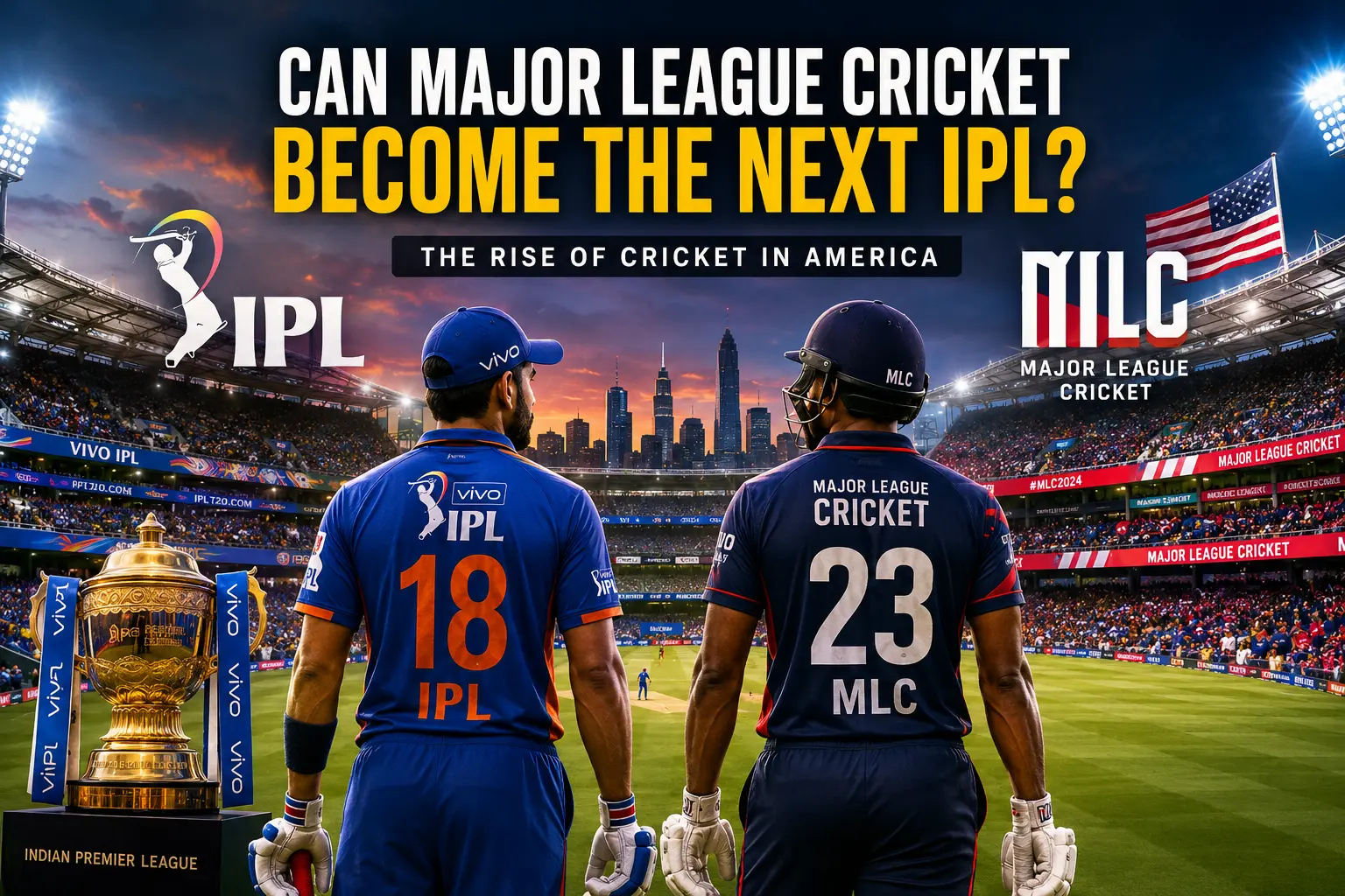 Major League Cricket (MLC) stadium with players during a professional T20 match